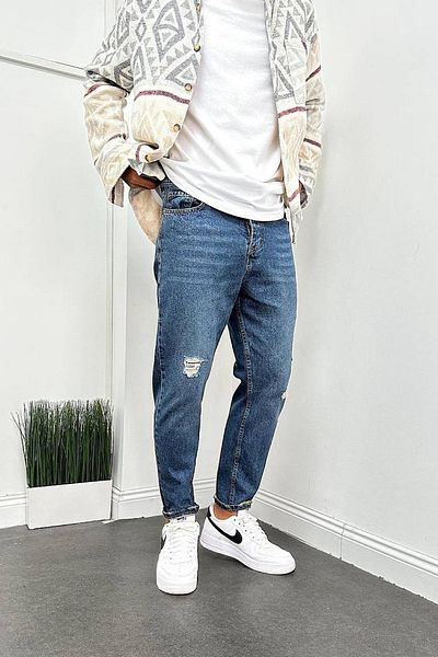 Denim Shorty Boyfriend Dark Blue Distressed Detailed Jeans