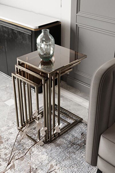 Dekoport Mira Zigon Sehpa Prinç Eskitme Rengi Bronz Cam