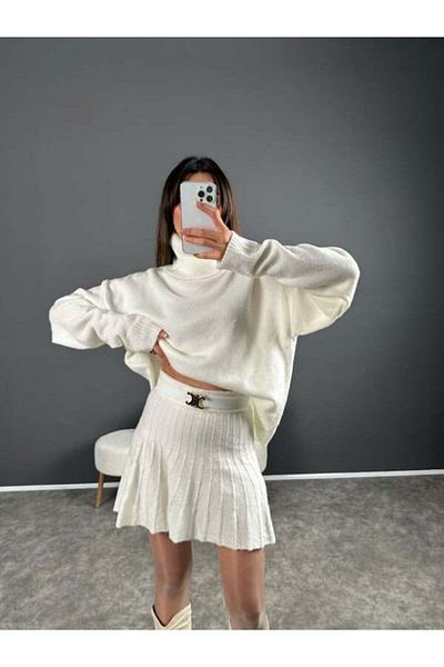 Lusin Women's Turtleneck Skirt Oversize Turtleneck Sweater Skirt Double Knitwear Set