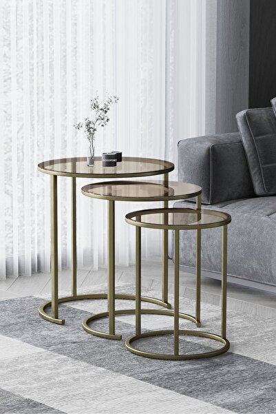 Huga Metal Ceylin Zgion Sehpa Pirinç Renk Bronz Cam Zigon Sehpa