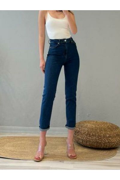 DRC trend Blugi din denim cu talie înaltă Mom Lycra albastru închis