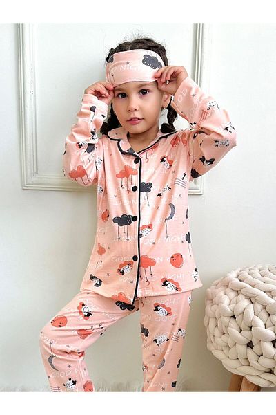 PİJAKİDS Girl's Lamb Cloud Moon Figure Print Patterned Salmon Color Buttoned Pajamas Set