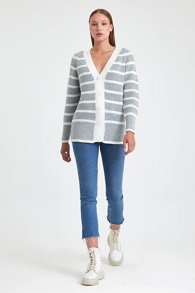 AYASOFYA OTANTIK Gray Striped Knitwear Women's Cardigan - Button Detailed