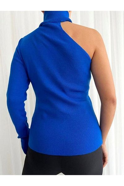 Stylish Pulover de tricotaj albastru cu un singur mânecă - Decoltat pe umeri