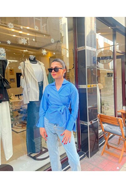 DEEFWEAR KADIN MAVİ ÇİZGİLİ KRUVAZE BAĞLAMALI GÖMLEK