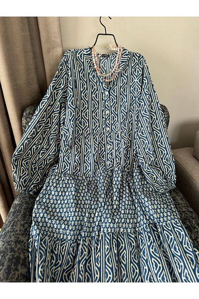 Natavan Rochie de vară lungă din bumbac albastru - Jalabiya cu nasturi