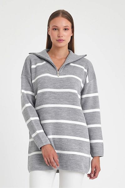 AYASOFYA OTANTIK Gray Striped Zipper Closure Women's Knitwear Tunic