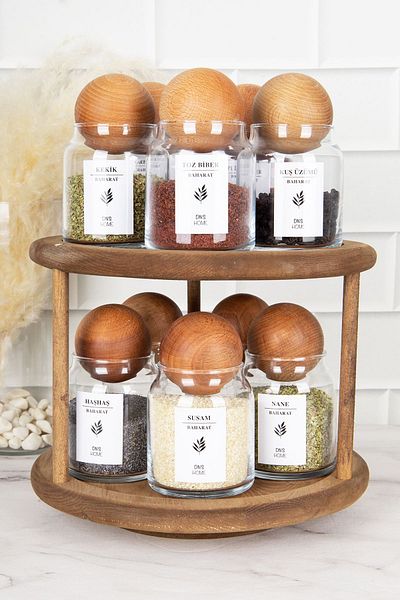 DNS HOME 10-Piece Dark Wooden Spinning Stand with Wooden Ball Lid and Labeled Glass Spice Jar Storage Jar 300ml