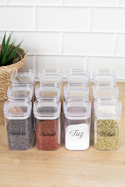 DNS HOME 12-Piece 250 ml Mica Spice Jar Set with Vacuum Lid Storage Container Jar Set with Transparent Label