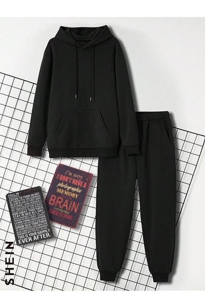 PENTHİLUS Black Oversize Hooded Sweatshirt and Sweatpants Set