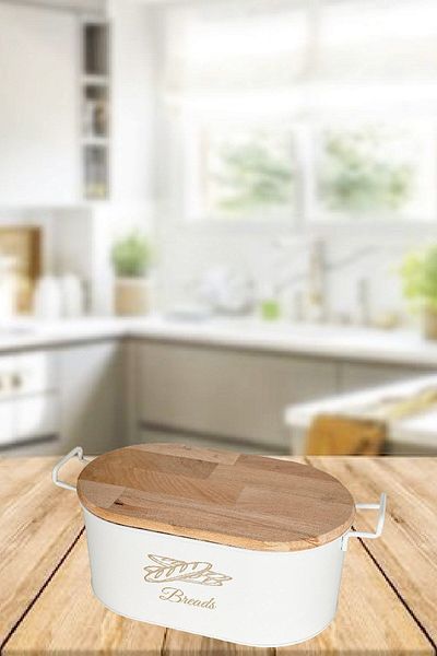 VENON HOME MAMBO White Wooden Bread Box with Cut Board and Handle