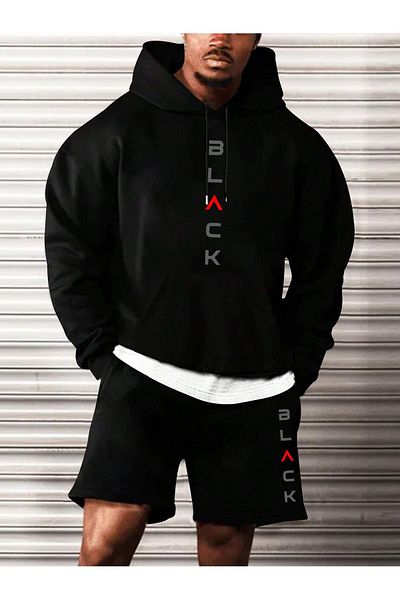 aynewmoda Black Oversize Hooded Sweatshirt and Shorts Set - Top and Bottom Printed