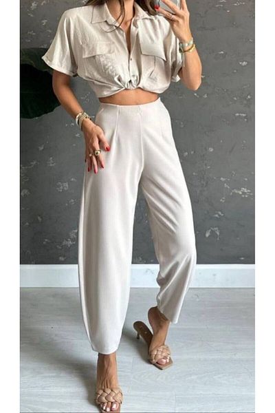 EDZ Pantaloni cu balon de culoare piatră pentru femei, cu talie elastică din lycra