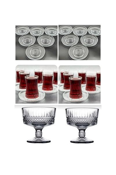 Paşabahçe 26 Piece Elysia Tea Cup Set + Elysia Sugar Bowl + Riva Tea Plate