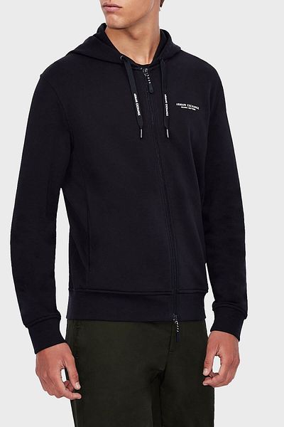 Armani Exchange Men's Navy Blue Logo Detailed Fitted Hooded Sweatshirt