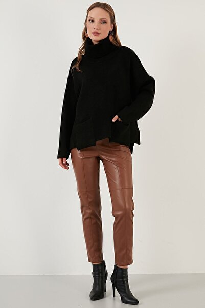 Lela Loose Pullover Sweater with Slits on the Sides, Turtleneck Collar and Pockets 63622553