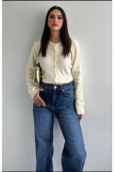 fujya Women's Crew Neck Raised Ecru Knitwear Cardigan