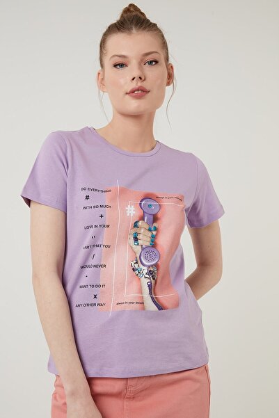 Lela Tricou din bumbac mov, cu imprimeu, cu decolteu, 6001003