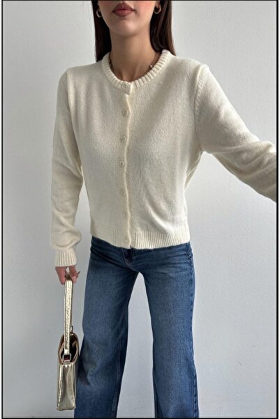 fujya Women's Crew Neck Raised Ecru Knitwear Cardigan