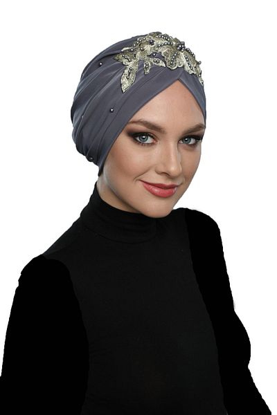 fidan bone Έτοιμο τουρμπάνι Hijab βραδινό καπό φόρεμα με κεντημένο σκούρο γκρι κίτρινο μοτίβο δαντέλας