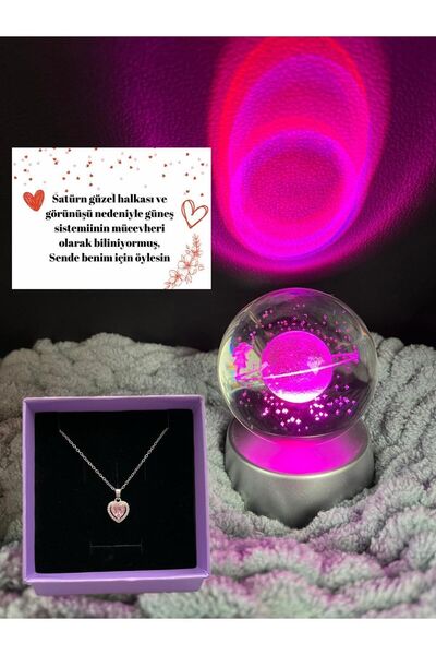 Sepetten Eve Renk Değiştiren Led Işıklı Cam Satürn Kız Küre Dolunay Lamba Kristal Top Ve Kalpli Kolye 14 Şubat