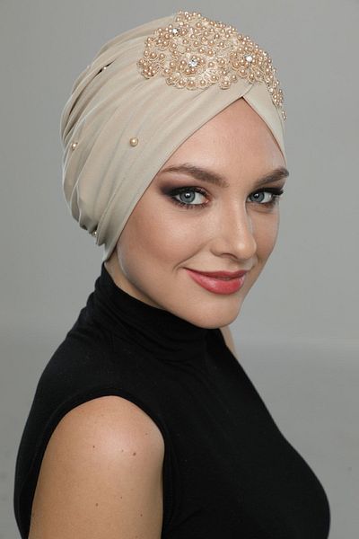 fidan bone Έτοιμο τουρμπάνι Hijab βραδινό καπό φόρεμα με σχισμή επένδυση και κεντημένο μπεζ μοτίβο δαντέλας