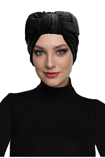 fidan bone Velvet Bow Lined Black Ready-made Hijab Hijab Bonnet