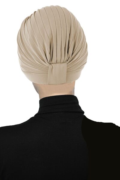 fidan bone Μπεζ έτοιμο καπό Hijab Turban με Πέρλες - Κεντημένο με Πέρλες