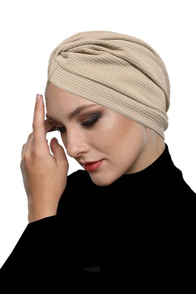 fidan bone Cross Ribbed Combed Cotton Beige Ready-made Headscarf Hijab Pool Bonnet