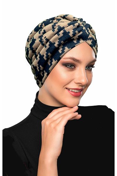 fidan bone Angora Wool Lined Houndstooth Patterned Navy Blue-beige Ready-made Headscarf Hijab Bonnet Women's Beret