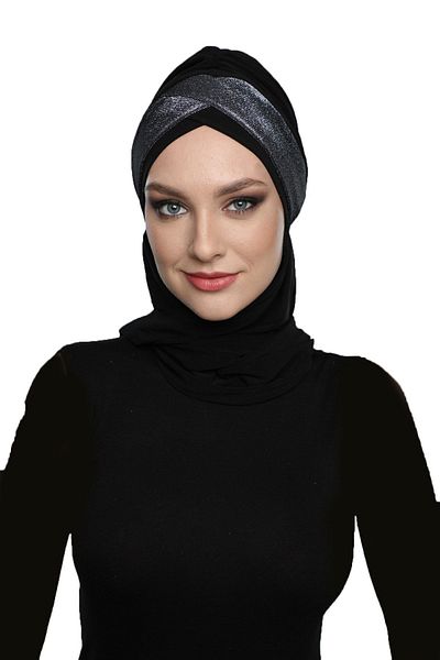 fidan bone Cross Pique Weft Lined Black-silver Ready-made Hijab Hijab Bonnet