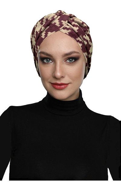 fidan bone Angora Wool Lined Houndstooth Patterned Burgundy-Beige Ready-made Headscarf Hijab Bonnet Women's Beret