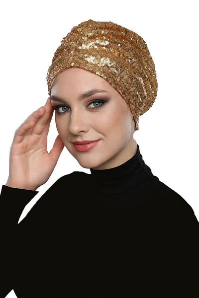 fidan bone Sequined Lined Gold Ready-made Hijab Hijab Evening Dress Bonnet
