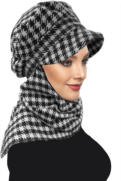 fidan bone Wool Cap Hat Scarf Houndstooth Patterned Ready-made Turban Hijab Bonnet