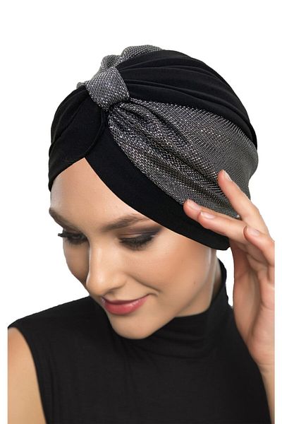 fidan bone Special Design Black with Silver Pique Pattern Lined Ready-Made Turban Hijab Evening Dress Bonnet
