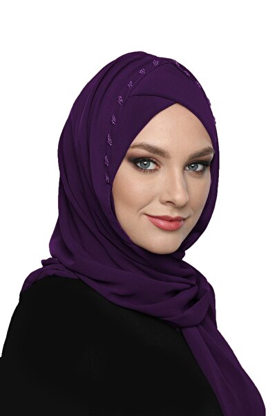 fidan bone Şallı Takmatik Taşlı Mor Renk Hazır Türban Tesettür Bone Medikal K...