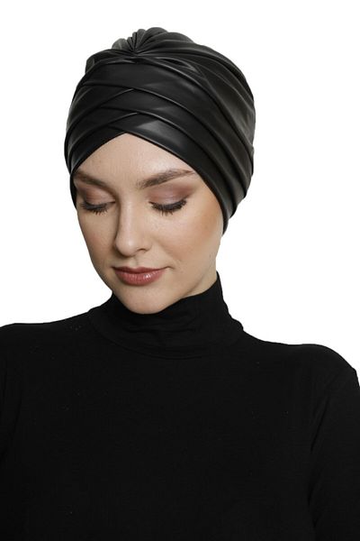 Fidan Three-Striped Leather Black Lined Ready-made Hijab Hijab Bonnet