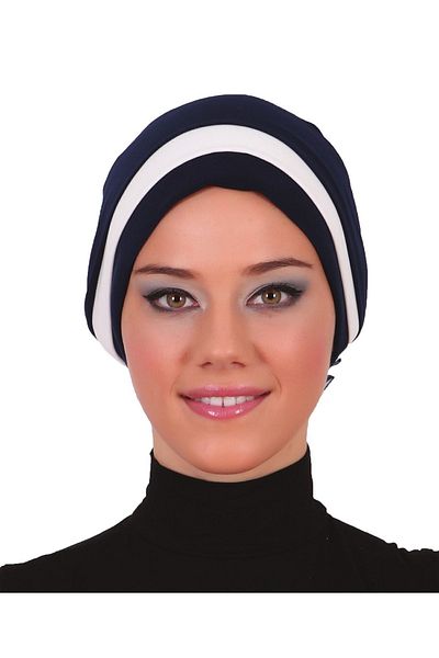 fidan bone Σκούρο μπλε-κρεμ έτοιμο καπό τουρμπάνι Hijab με στρώσεις και τριαντάφυλλα οργάντζα στην πλάτη