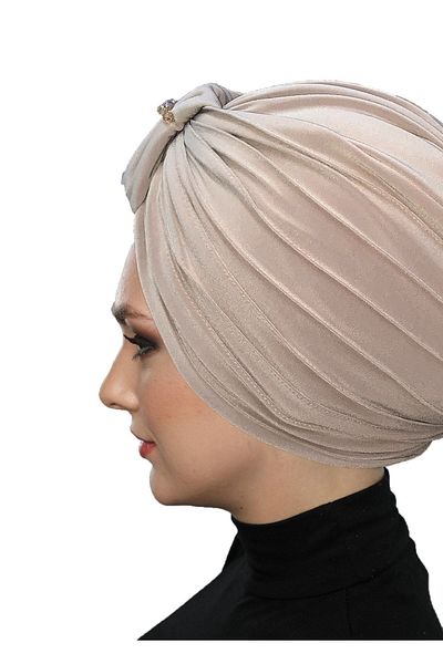 fidan bone Βραδινό καπό φόρεμα Hijab με κρυστάλλινη πέτρα με κεντημένη ραβδωτή επένδυση μπεζ