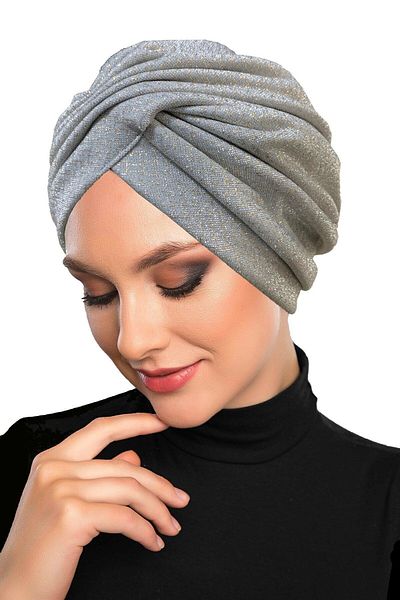 fidan bone Light Gray Cross Patterned Gilded Lined Ready Turban - Hijab Bonnet