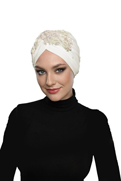 fidan bone Κεντημένη κρέμα με φόδρα με σπαστό - μοτίβο δαντέλας σε σκόνη Ready Turban Hijab βραδινό καπό φορέματος