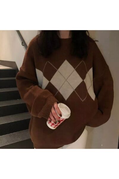 Köstebek Plaid Patterned Retro Vintage Oversize Sweater - Diamond Design