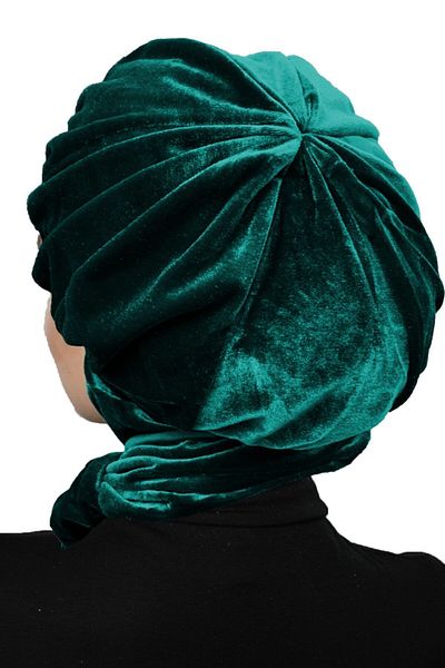 fidan bone Velvet Hat with Scarf Buckle Detailed Green Ready-made Turban Hijab Bonnet