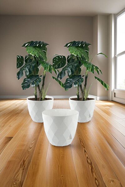 TEMMUZ HOME No4 3 Adet 4,8 Litre Prizma Desenli Tabaklı Plastik Saksı Yakamoz...