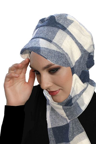 fidan bone Wool Cap Hat Scarf Plaid Patterned Blue-Cream Ready-made Turban Hijab Bonnet Beanie