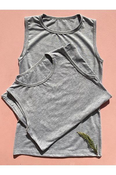 LEYNA BUTİK 2 Pieces Gray Crew Neck Zero Sleeve Combed Cotton T-Shirt Athlete - Cotton and Lycra Women's T-Shirt