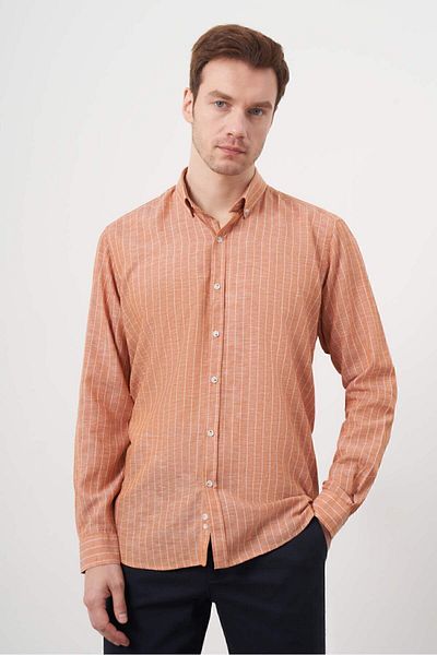 Morven Men's Brick Linen Striped Buttoned Collar Regular Fit Shirt