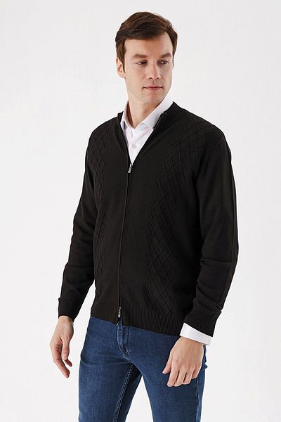 Morven Cardigan negru cu fermoar pentru bărbați, cu model în formă dinamică