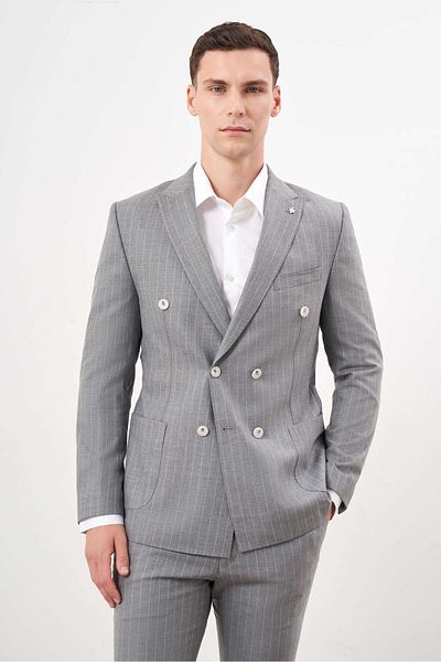 Morven Men's Gray Slim Fit Polyviscon Suit - Double Breasted Pointed Collar