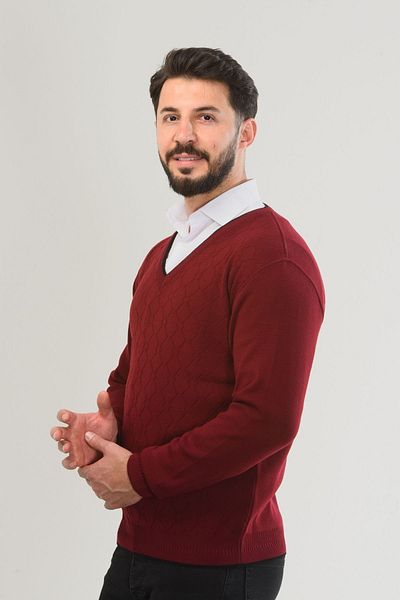 Kamalı Claret Red Men's V-Neck Knitwear Long Sleeve Standard Fit Non-Pilling Knitwear Winter Knit Sweater